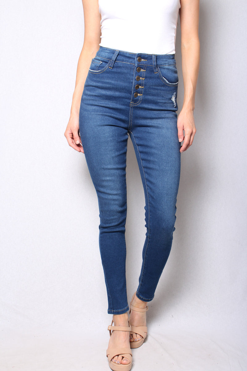 Women's High Waist Button Front Dark Wash Skinny Jeans