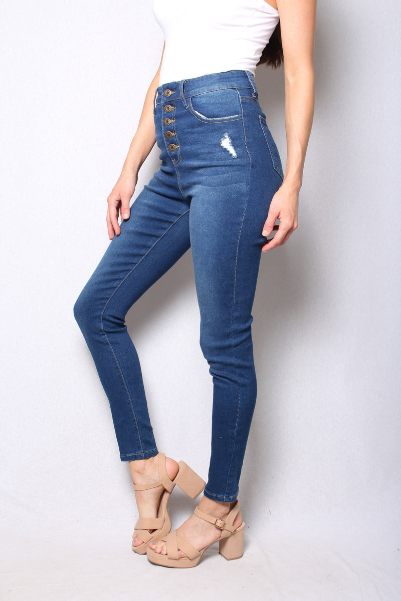 Women's High Waist Button Front Dark Wash Skinny Jeans