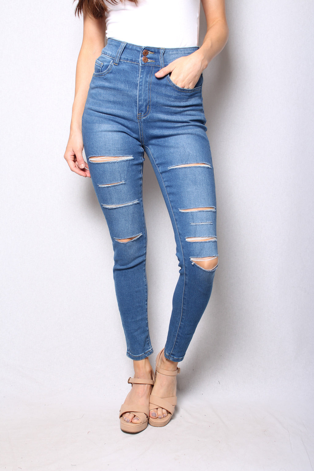 Women's High Waist Medium Wash Ripped Jeans