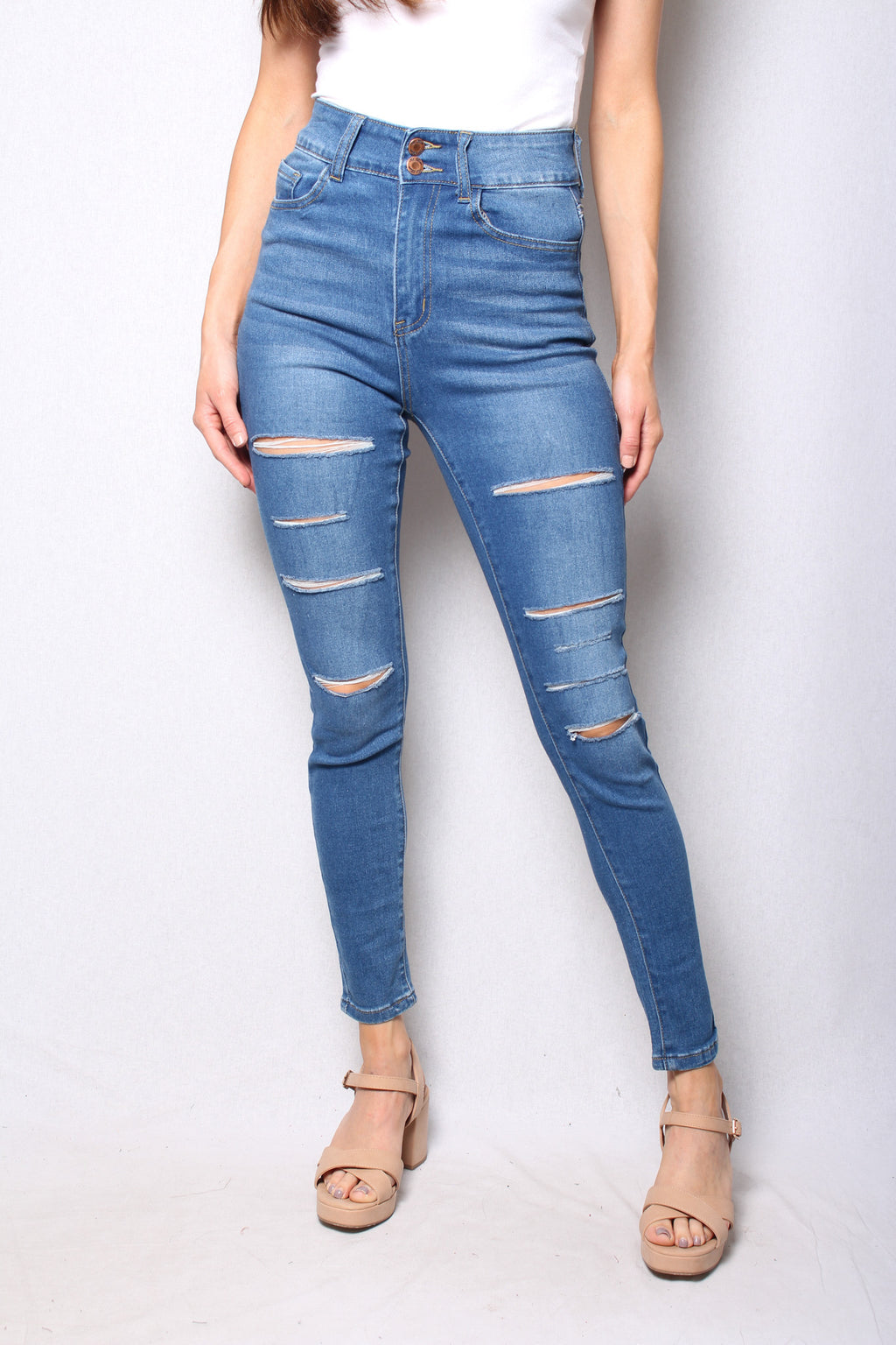 Women's High Waist Medium Wash Ripped Jeans