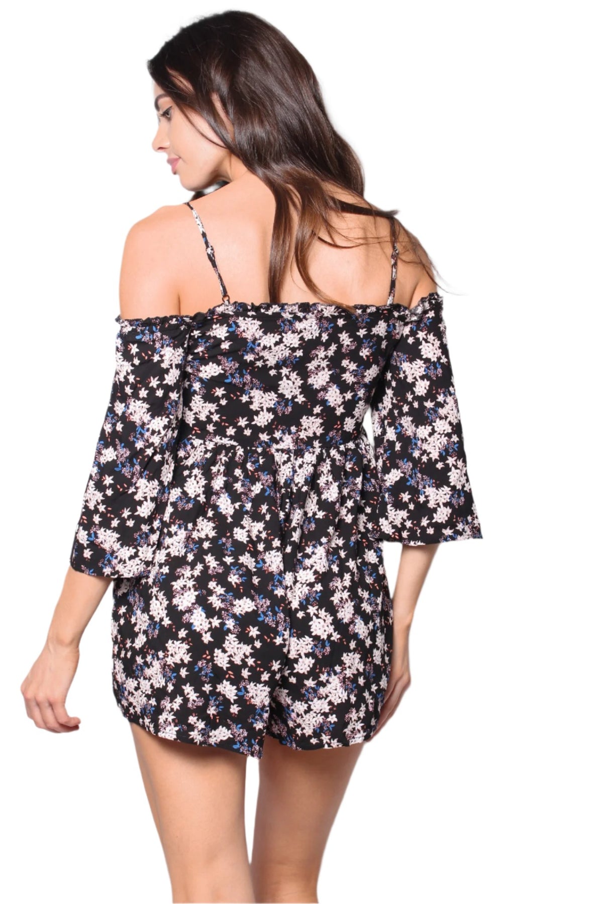 Women's Floral Print Cold Shoulder 3/4 Sleeves Romper