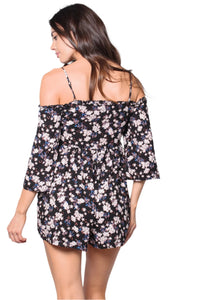 Women's Floral Print Cold Shoulder 3/4 Sleeves Romper