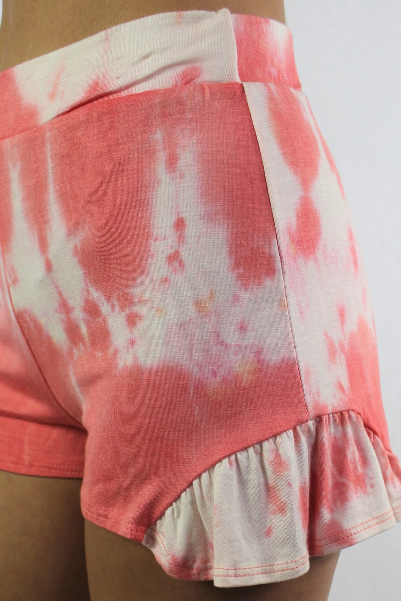 Women's Coral Tie Dye Shorts with Side Flutter Hem