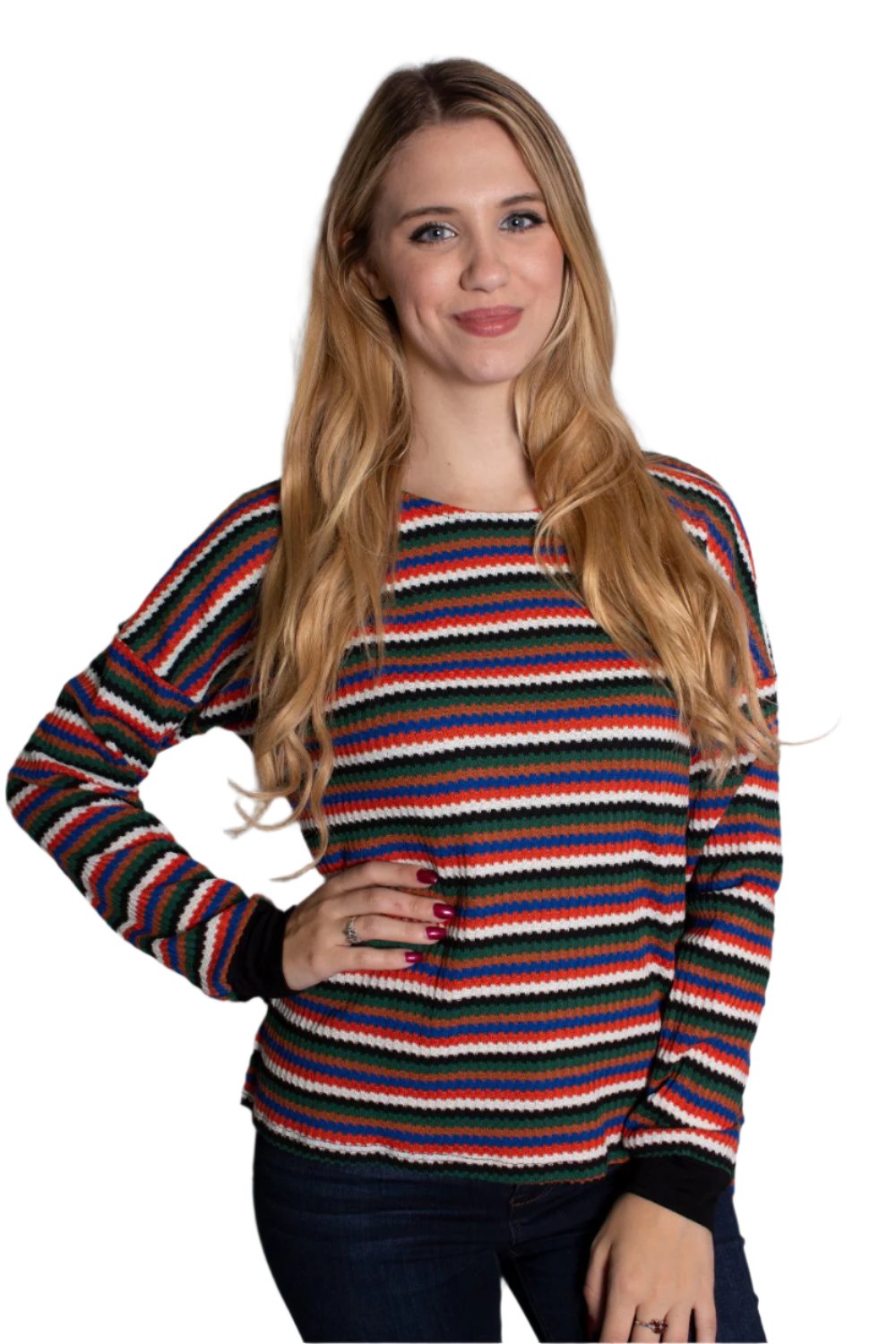 Women's Multi Color Long Sleeve Scoop Neck Striped Top