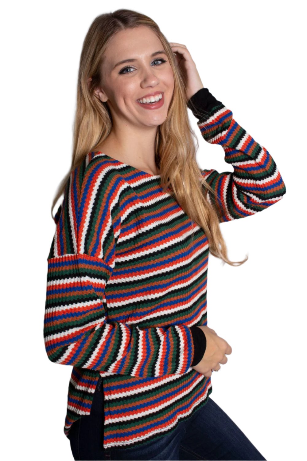 Women's Multi Color Long Sleeve Scoop Neck Striped Top