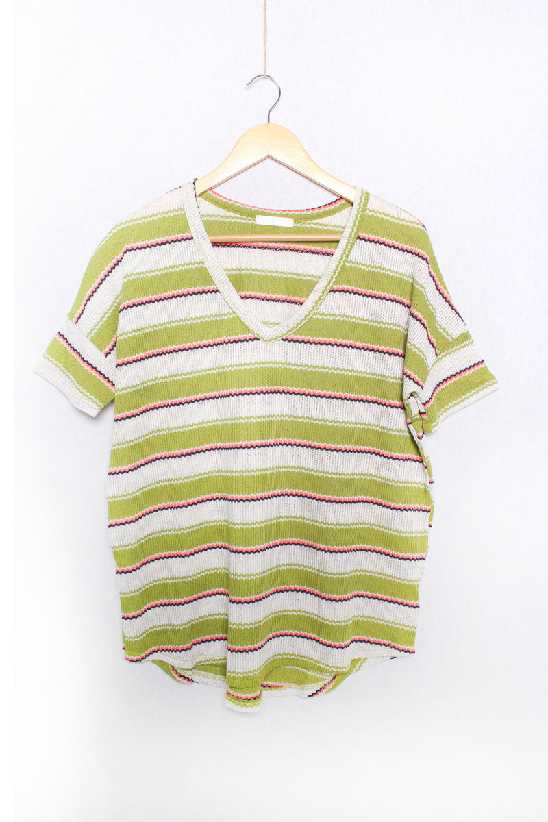 Women's Short Sleeve V Neck Stripes Knitted Top