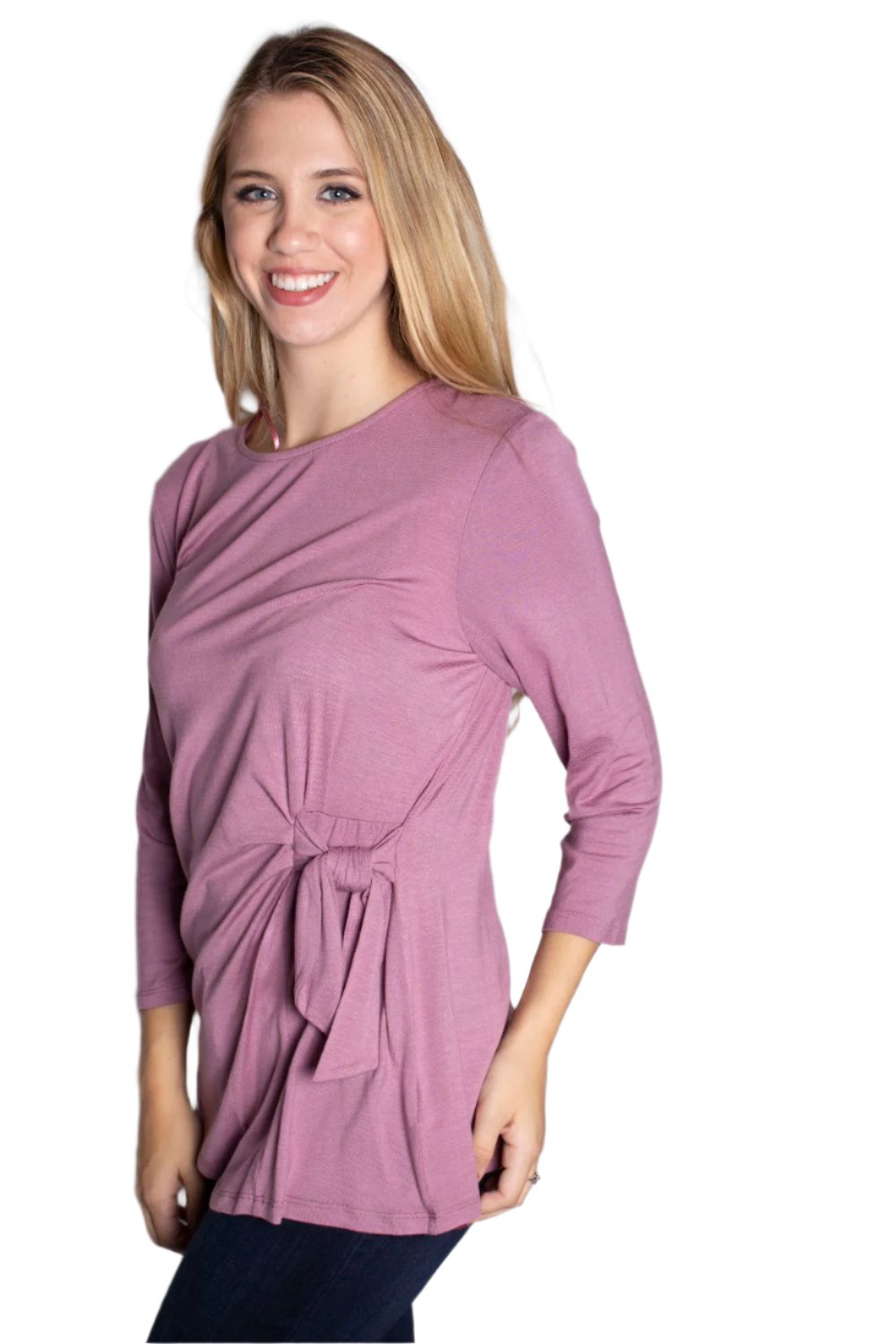 Women's 3/4 Sleeve Side Tie Knot Asymmetrical Top