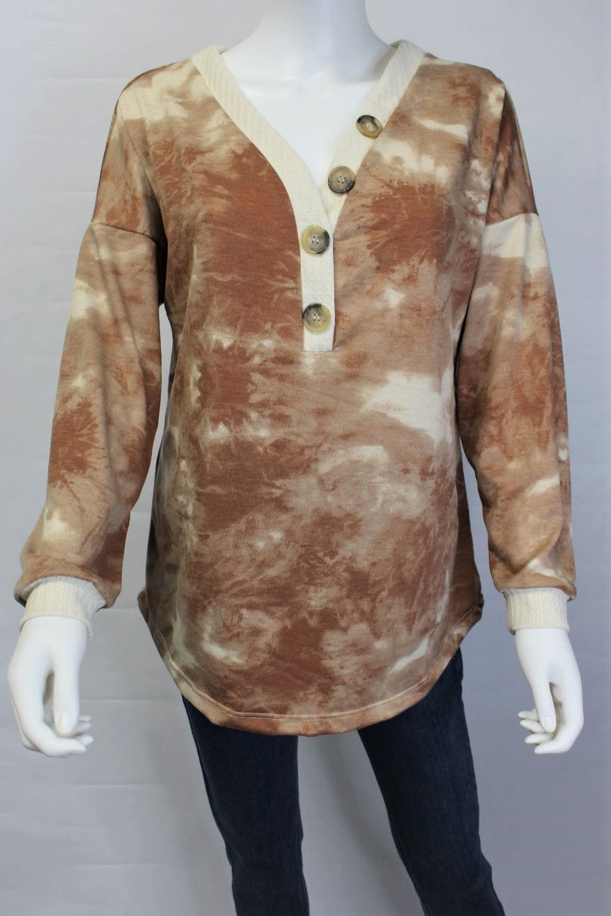 Women's Long Sleeve Tie Dye Top With Button Detail