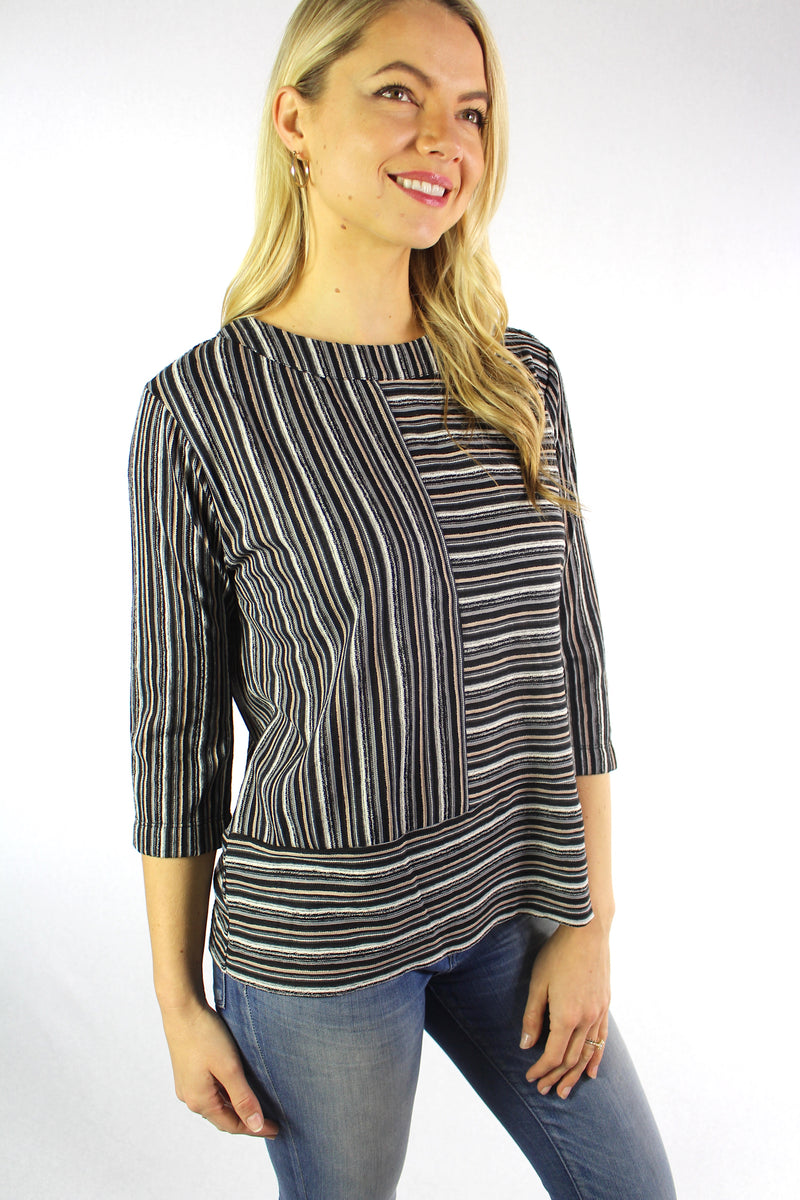 Women's 3/4th Sleeve Round Neck Top with Stripe Detail