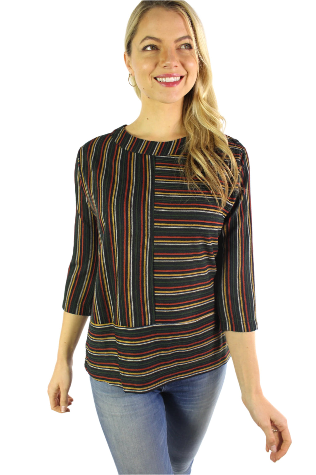 Women's 3/4th Sleeve Round Neck Top with Stripe Detail