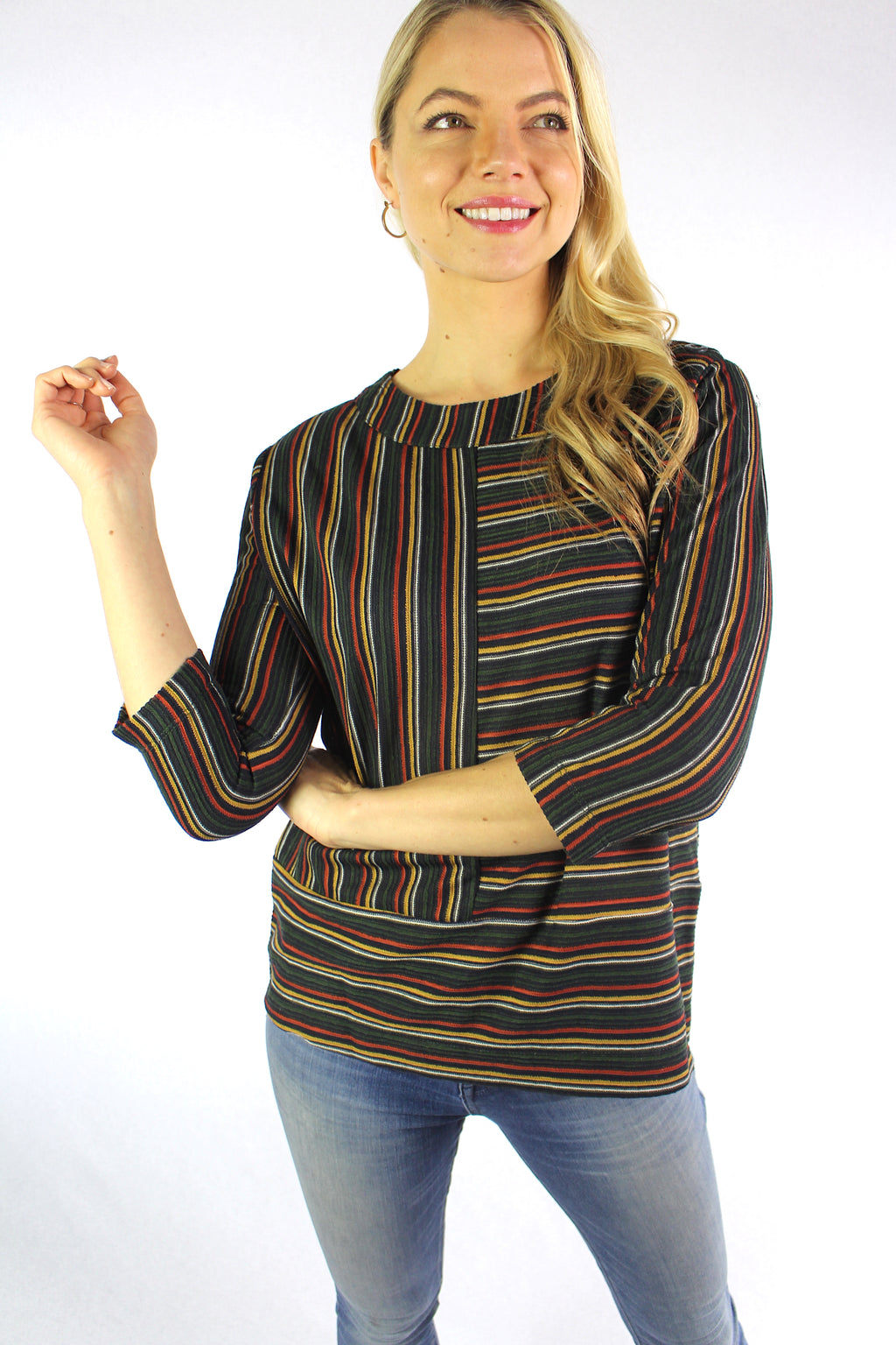 Women's 3/4th Sleeve Round Neck Top with Stripe Detail