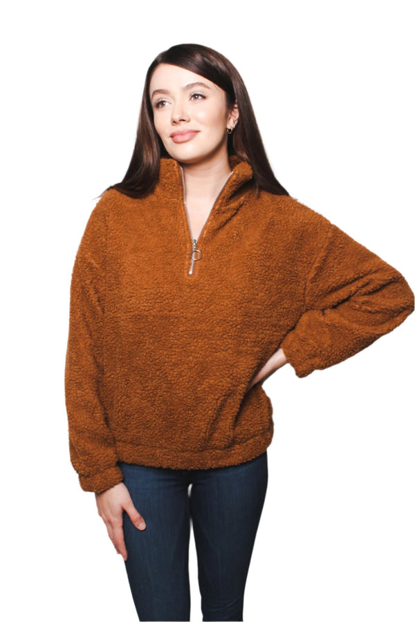 Women's Teddy Zip Long Sleeve Front Sweater