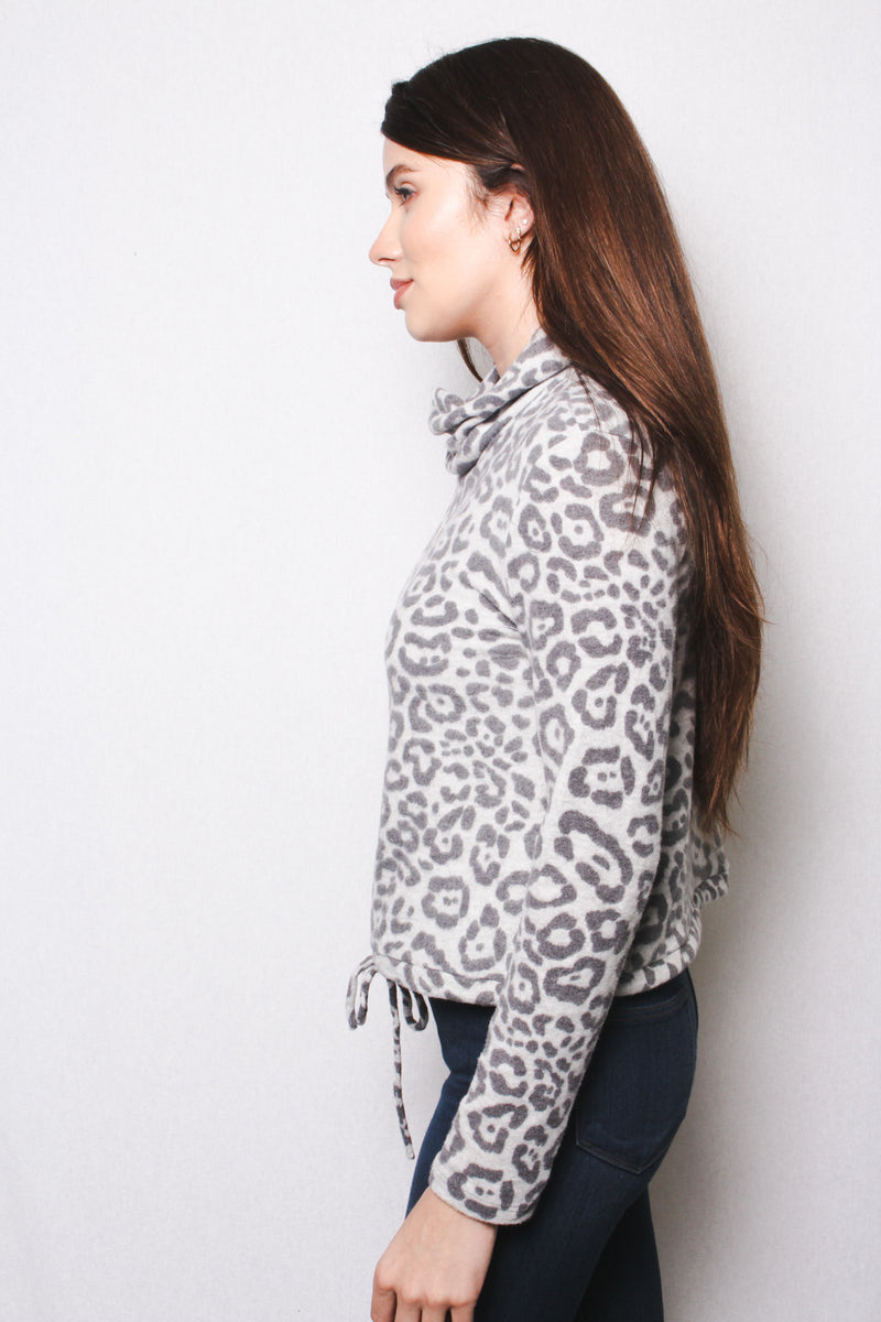 Women's Fuzzy Animal Print Cowl Neck Long Sleeves Top