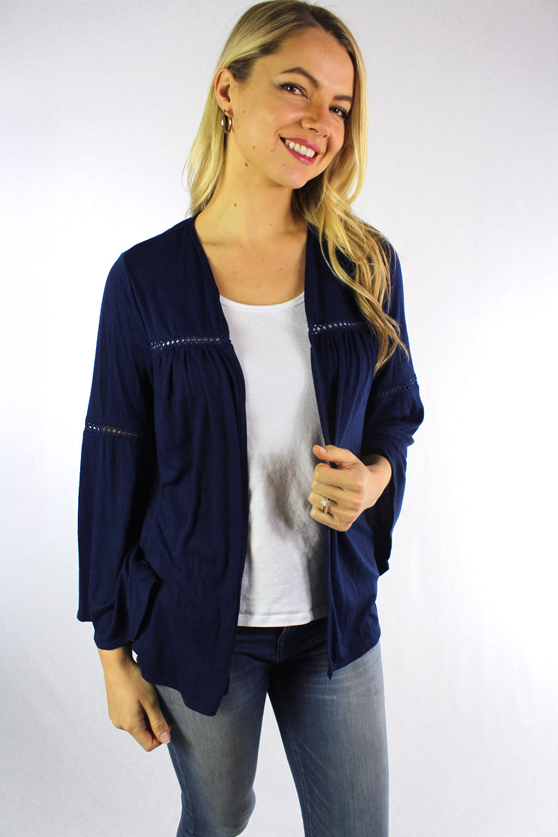 Women's Bell Sleeve Open Front Cardigan with Crochet Detail