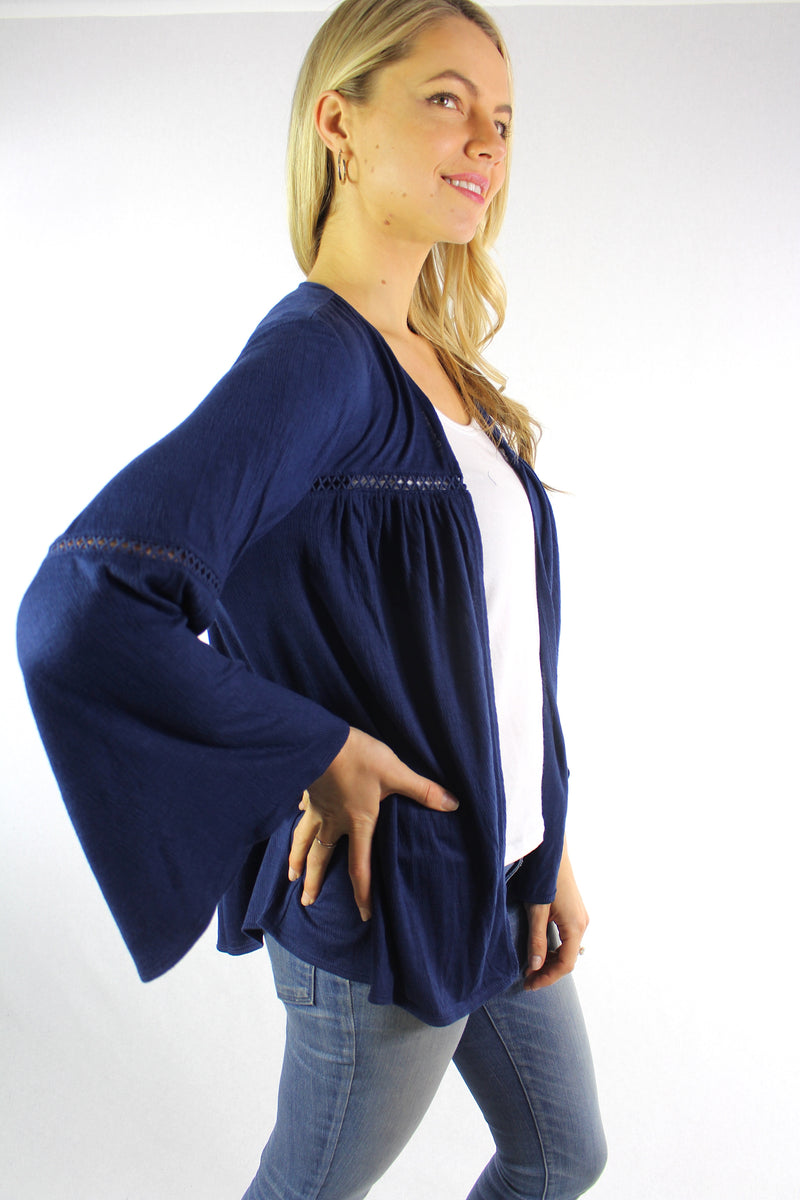 Women's Bell Sleeve Open Front Cardigan with Crochet Detail