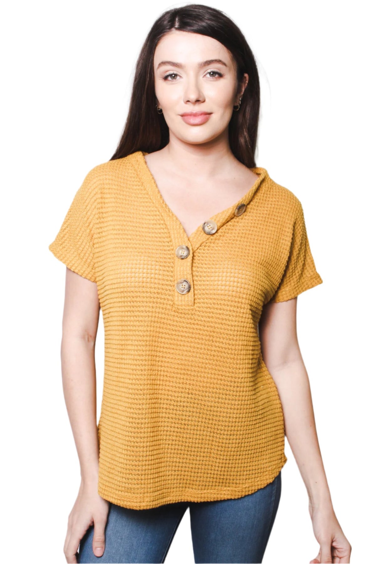 Women's Short Sleeve V Neck Henley Top with Button Detail