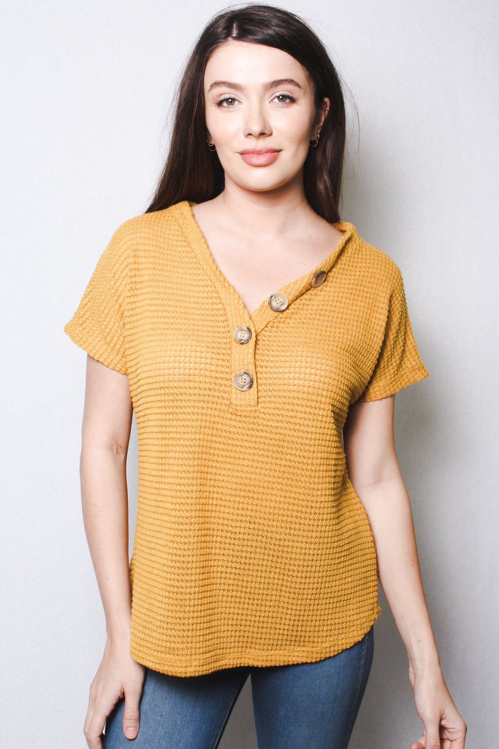 Women's Short Sleeve V Neck Henley Top with Button Detail