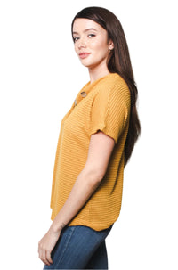 Women's Short Sleeve V Neck Henley Top with Button Detail