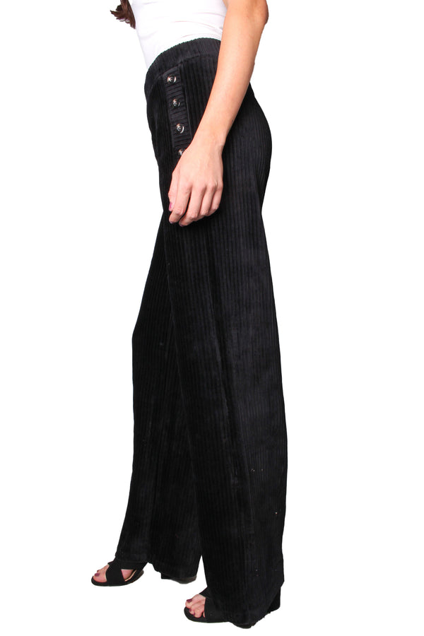 Women's High Waisted Solid Corduroy Side Button Wide Pants