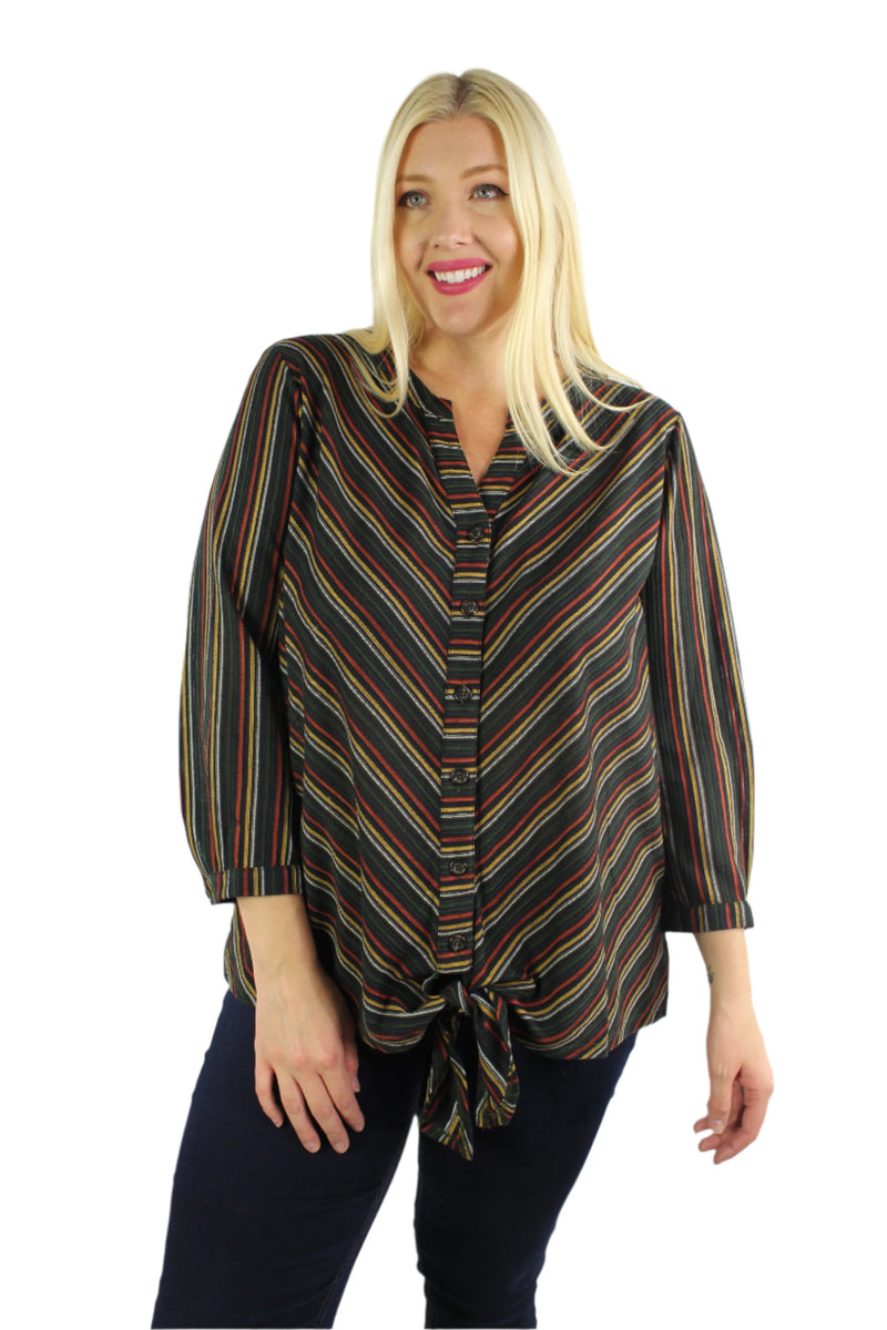 Women's Plus Size Long Sleeve Button Up Top With Front Knot