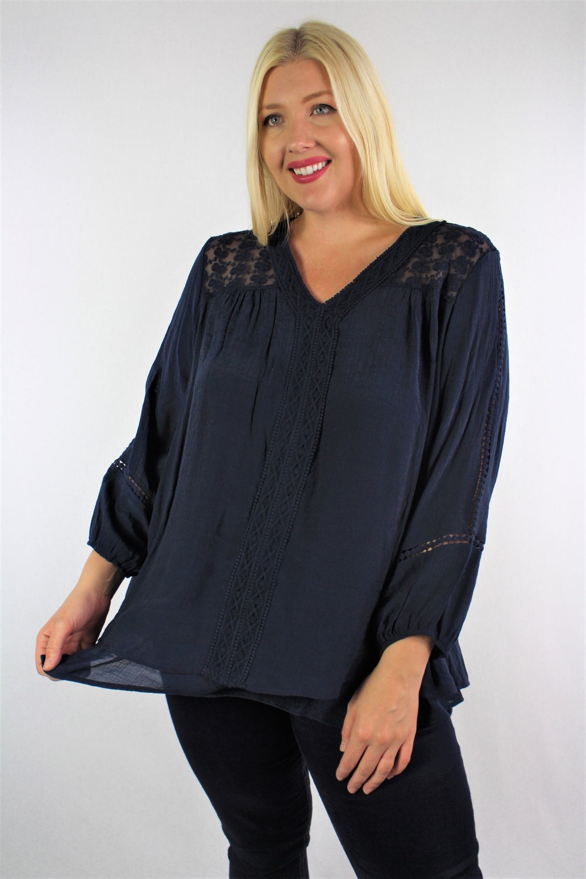 Women's Plus Size 3/4th Sleeve Blouse with Lace and Crochet Details