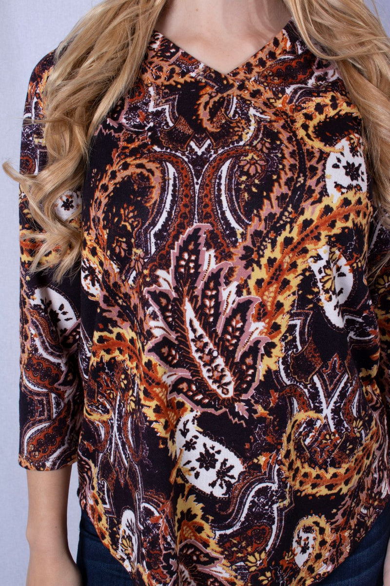 Women's 3/4 Sleeve V-Neck with Paisley Print Top