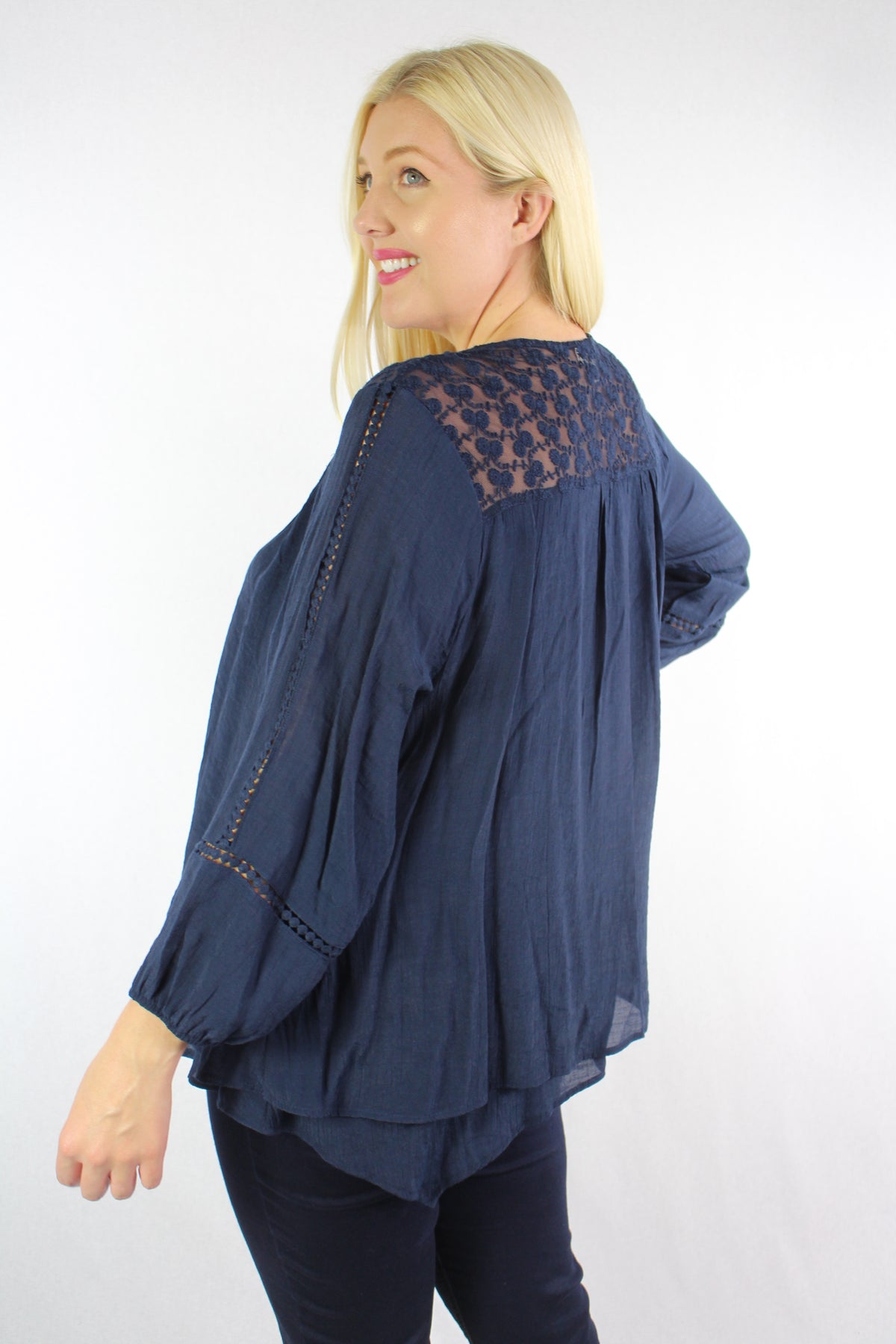 Women's Plus Size 3/4th Sleeve Blouse with Lace and Crochet Details