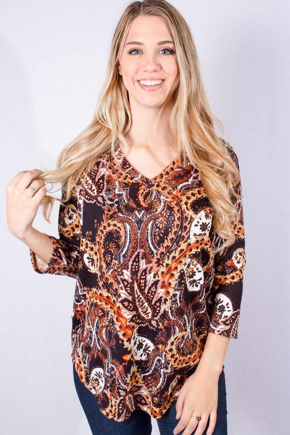 Women's 3/4 Sleeve V-Neck with Paisley Print Top