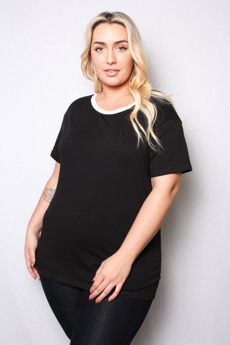 Women's Plus Size Round Neck Short Sleeves Ringer T-Shirt