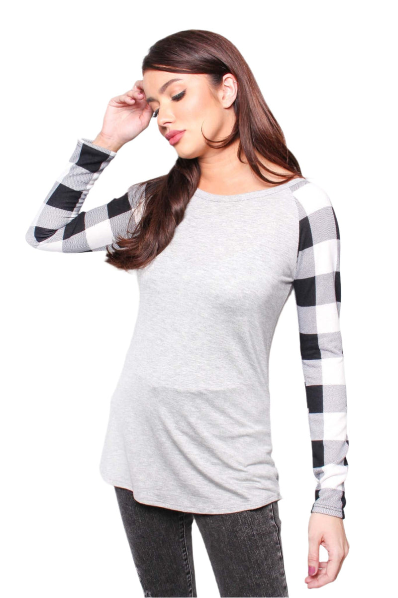 Women's Long Sleeve Round Neck Plaid Raglan Top