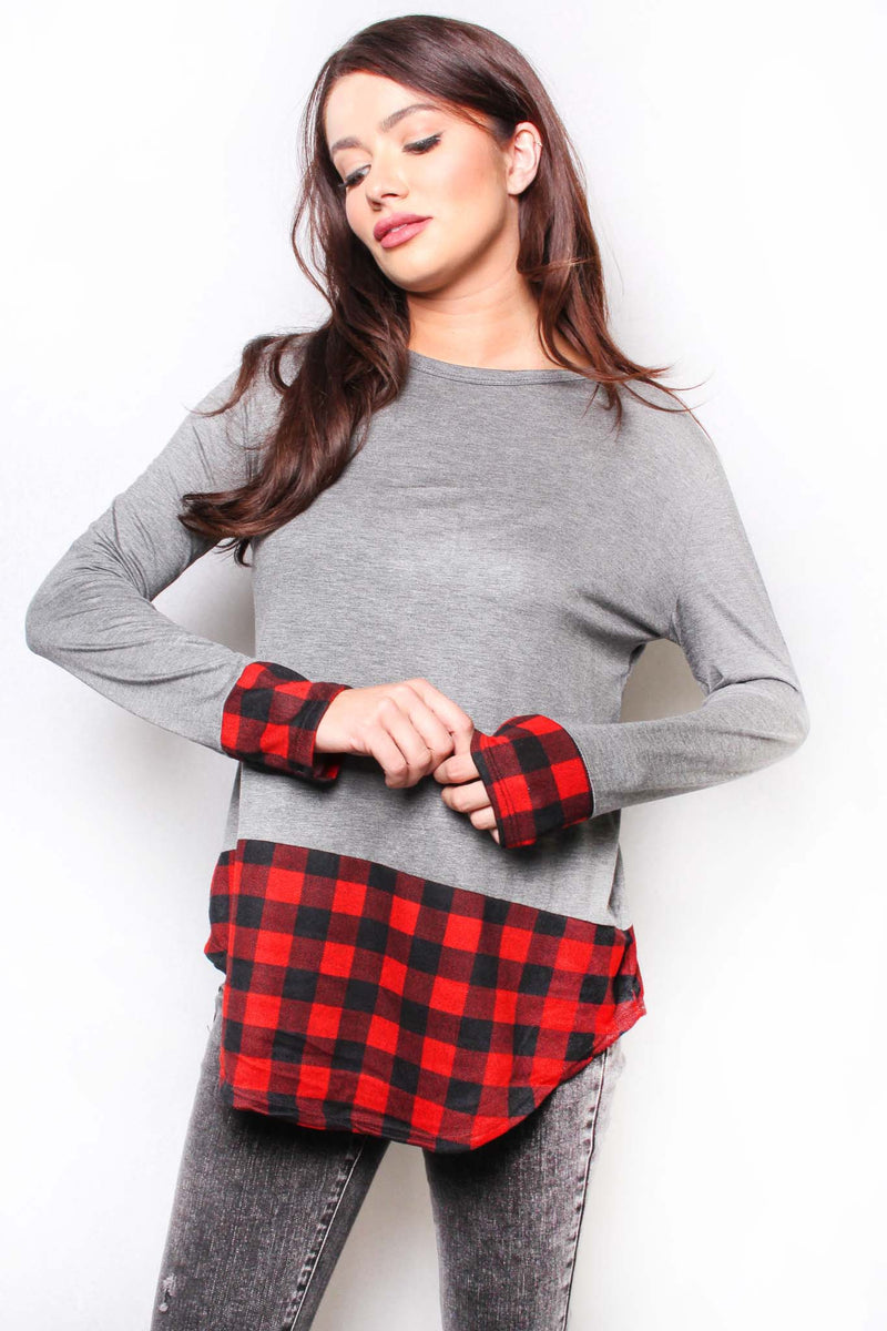 Women's Long Sleeve Round Neck Plaid Detail Top