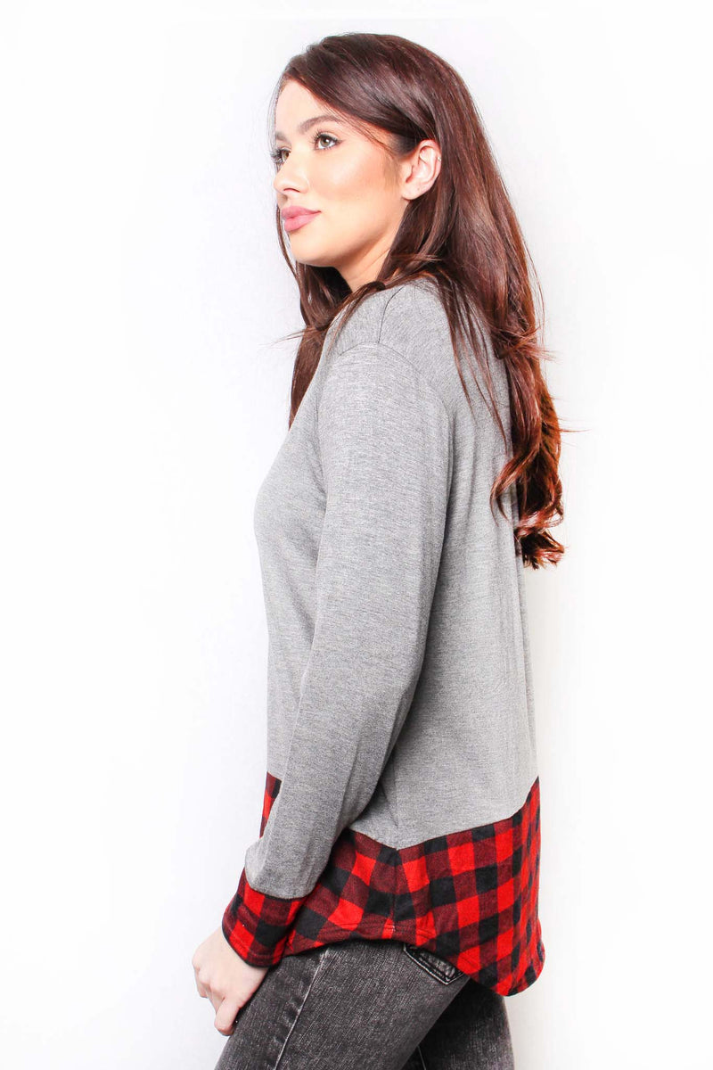 Women's Long Sleeve Round Neck Plaid Detail Top