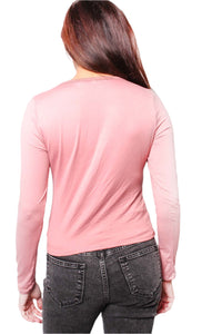 Women's Long Sleeve Round Neck Plaid Detail Top