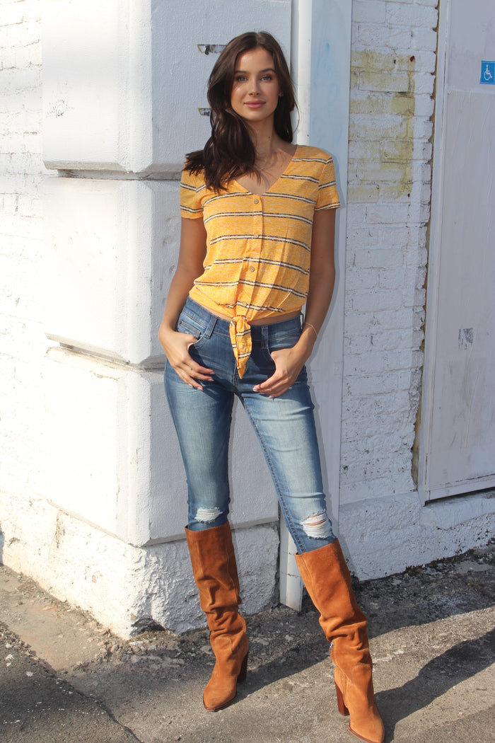 Women's Short Sleeve V Neck with Front Knot and Button Detail