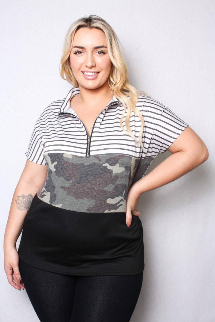 Women's Plus Size Short Sleeve Zip Up Color Block Top – Good Stuff