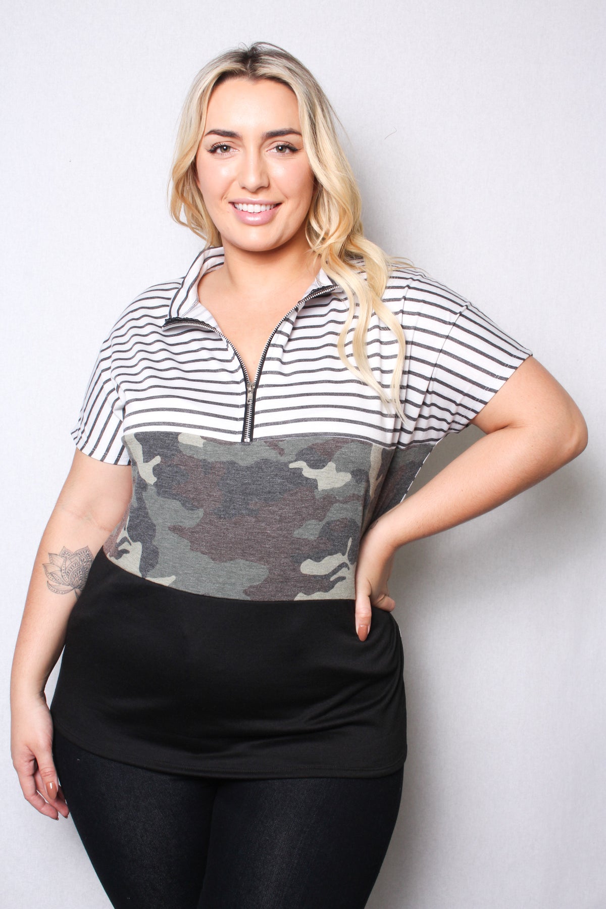 Women's Plus Size Short Sleeve Zip Up Color Block Top