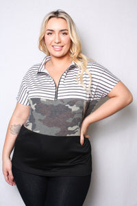 Women's Plus Size Short Sleeve Zip Up Color Block Top