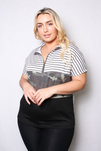 Women's Plus Size Short Sleeve Zip Up Color Block Top