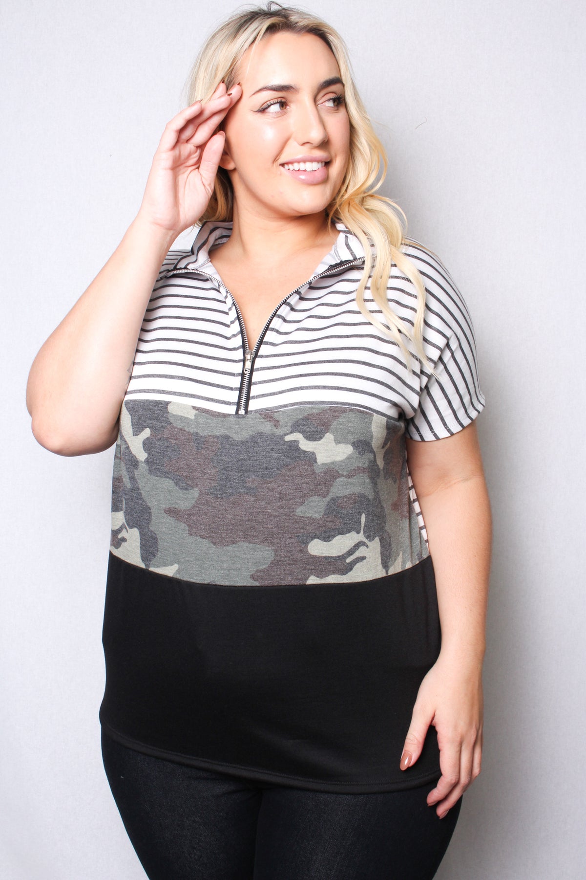 Women's Plus Size Short Sleeve Zip Up Color Block Top