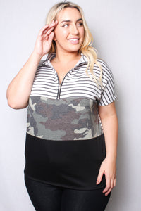 Women's Plus Size Short Sleeve Zip Up Color Block Top