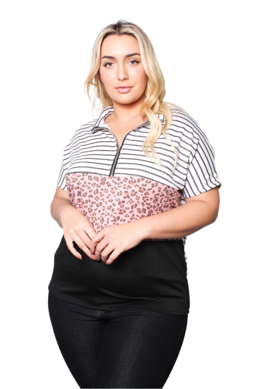 Women's Plus Size Short Sleeve Zip Up Color Block Top