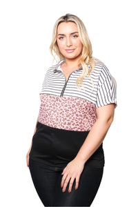 Women's Plus Size Short Sleeve Zip Up Color Block Top