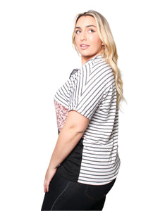 Women's Plus Size Short Sleeve Zip Up Color Block Top