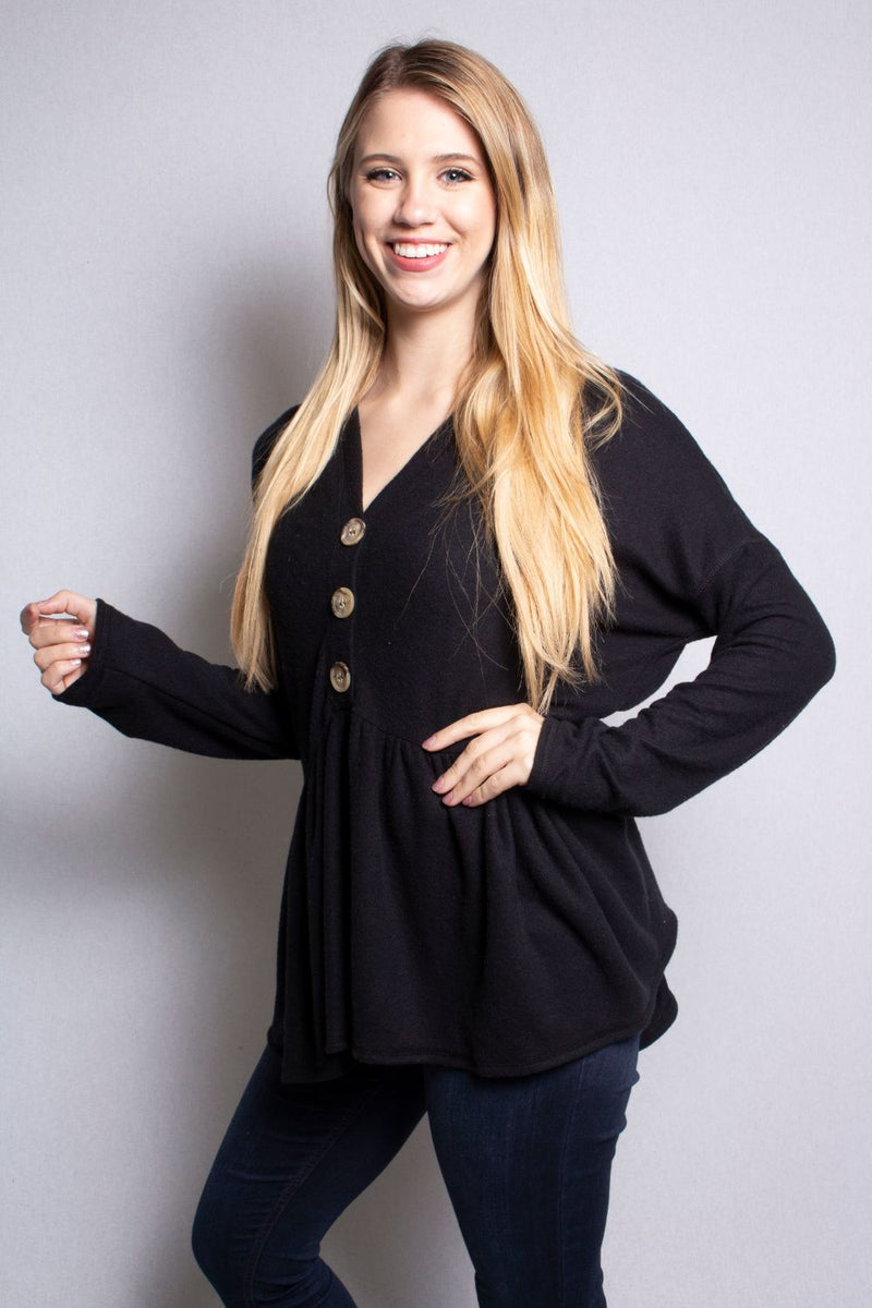 Women's Plus Size V-Neck Peplum Sweater with Button Detail