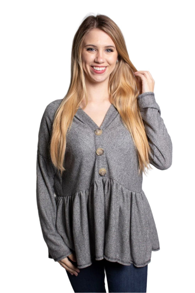 Women's V-Neck Peplum Sweater with Button Detail