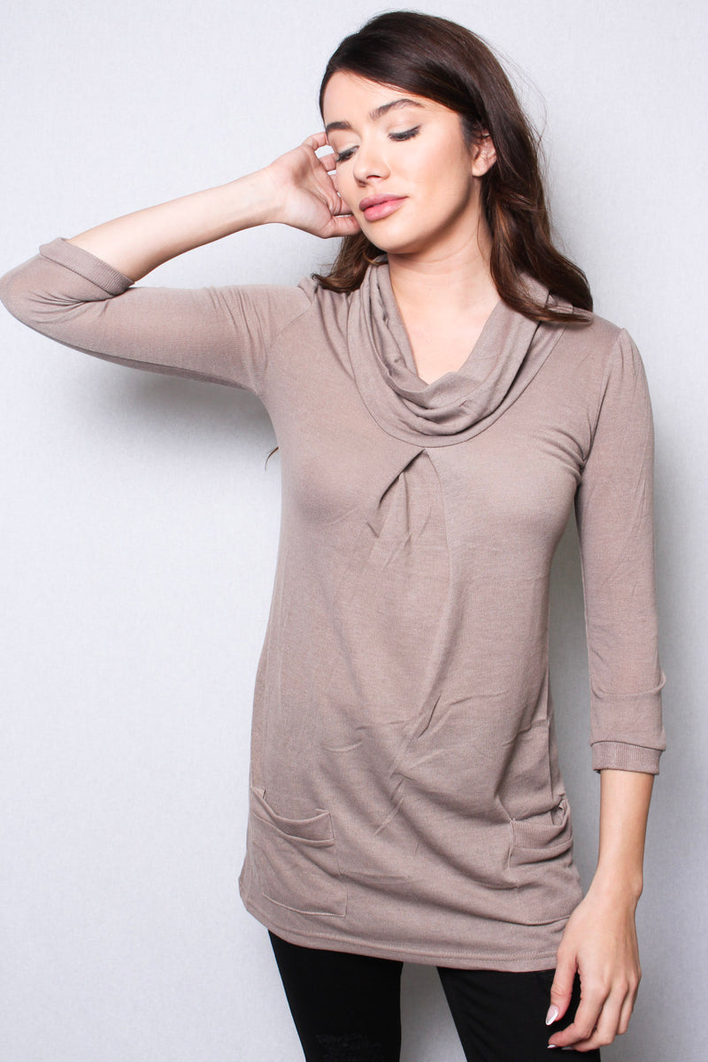 Women's Cowl Neck 3/4 Sleeves Pocket Front Tunic