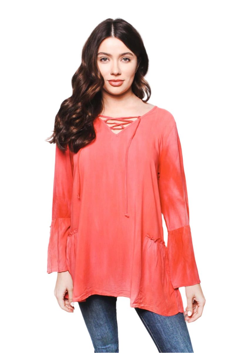 Women's Lace Up Bell Sleeve Boho Tunic Blouse