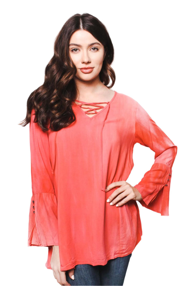 Women's Lace Up Bell Sleeve Boho Tunic Blouse