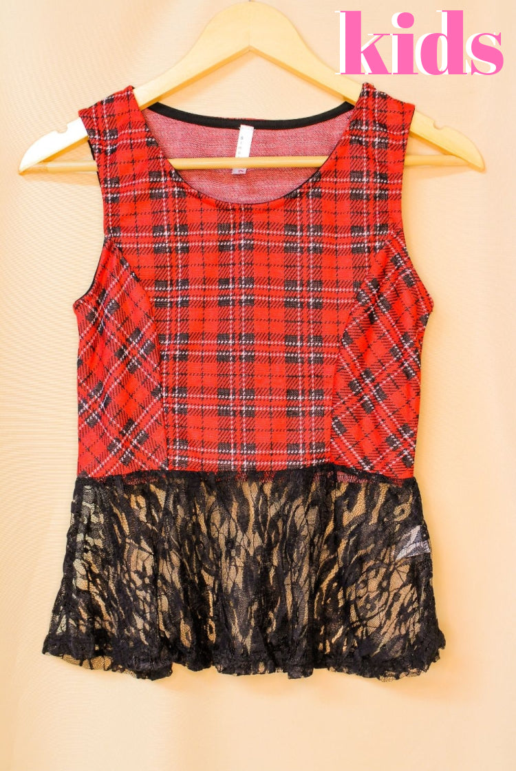 Girl's Sleeveless Plaid Peplum Top with Lace Detail