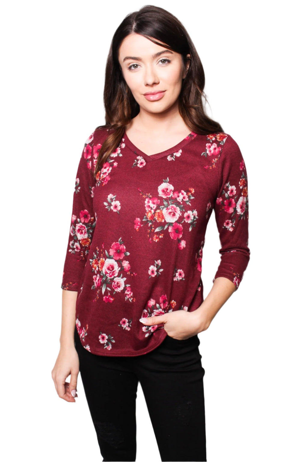 Women's 3/4 Sleeve V-Neck Floral Print Top